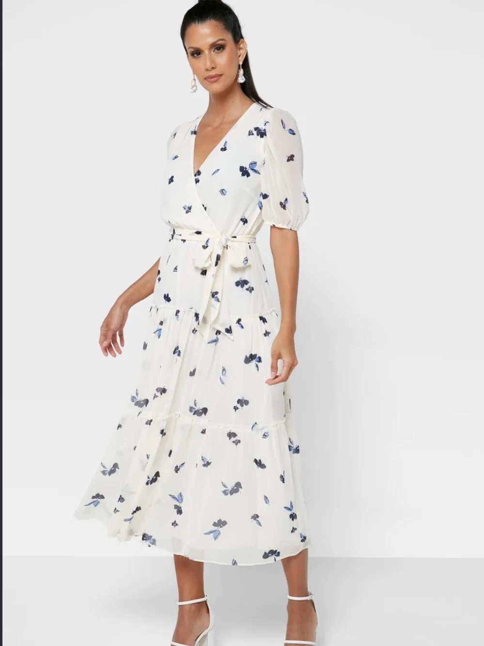 Lauren Ralph Lauren Floral Georgette Midi Blue Floral Puff Sleeve Tiered Dress